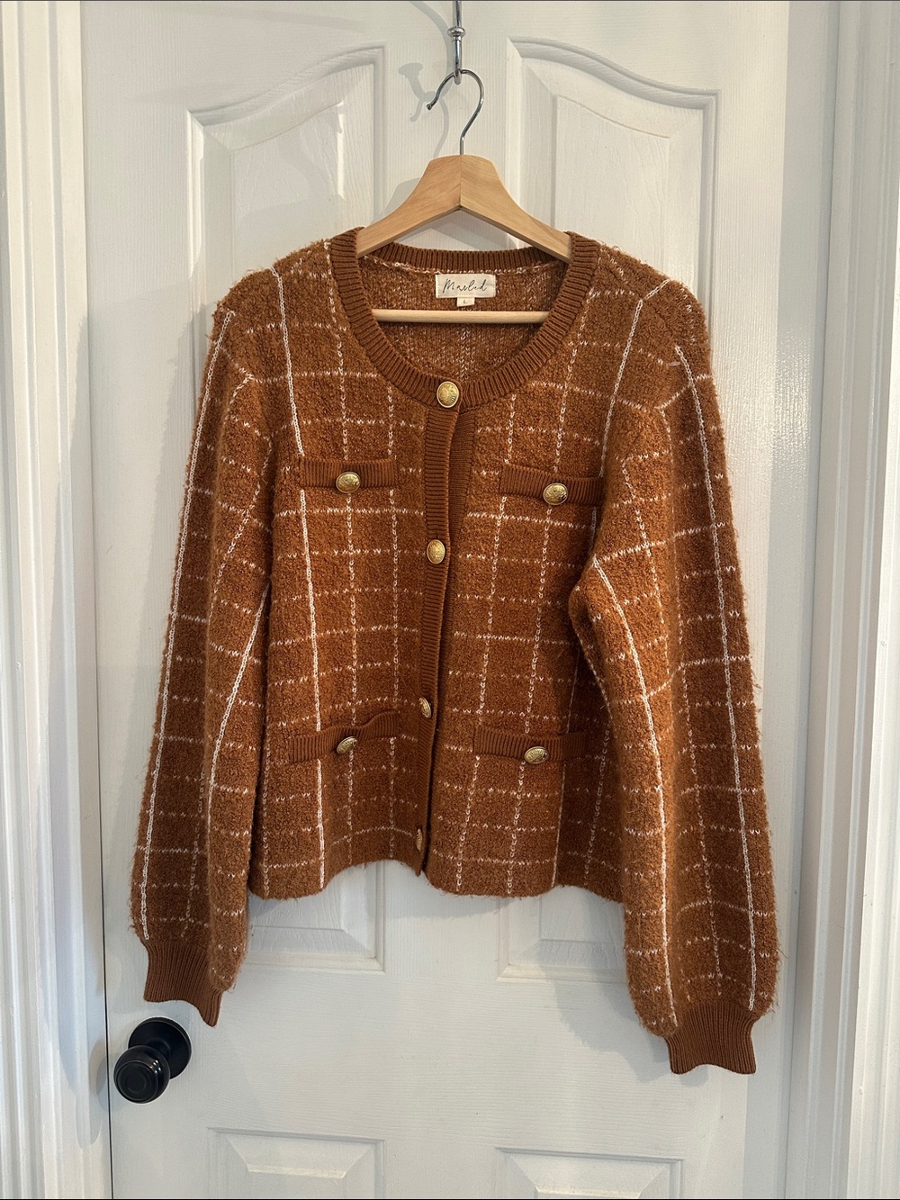 Marled Rust Brown Windowpane Knit Cardigan with Gold Buttons